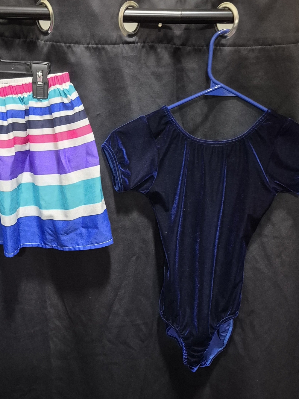 Rachael & Chloe Navy Blue Velvet Dance Leotard with Striped Skirt